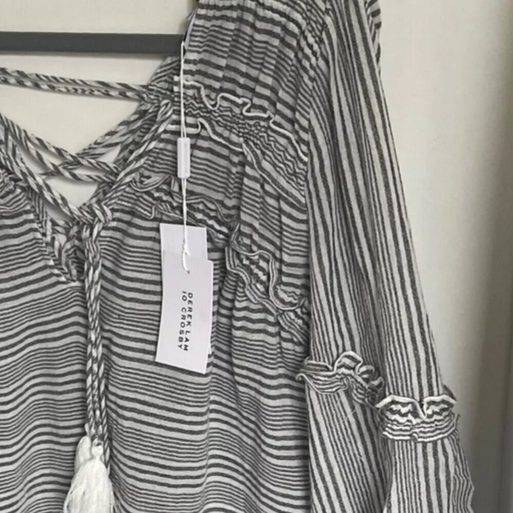 Derek Lam Gray Stripe Cotton Tunic Shirt V-Neck Tassel Tie Womens 10 - Picture 6 of 10